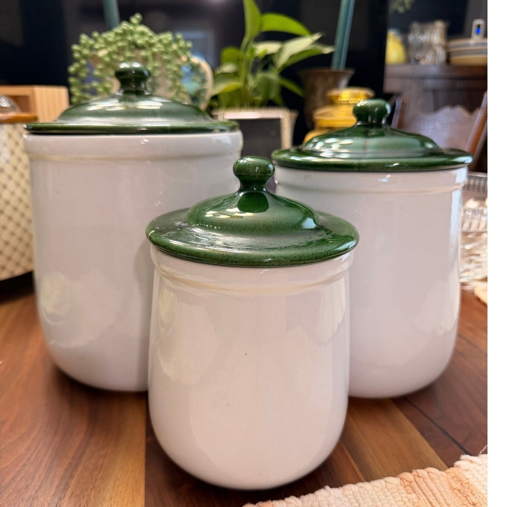 Vintage McCoy USA Ceramic Canister Set 3 Piece White Green Glaze 135 136 137